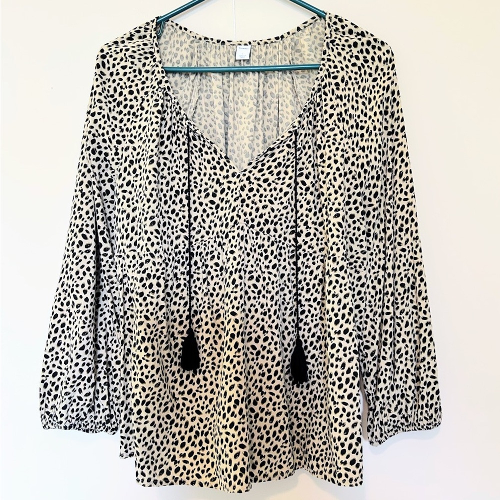 Women’s Ivory and Black Dalmatian Print V-Neck Blouse